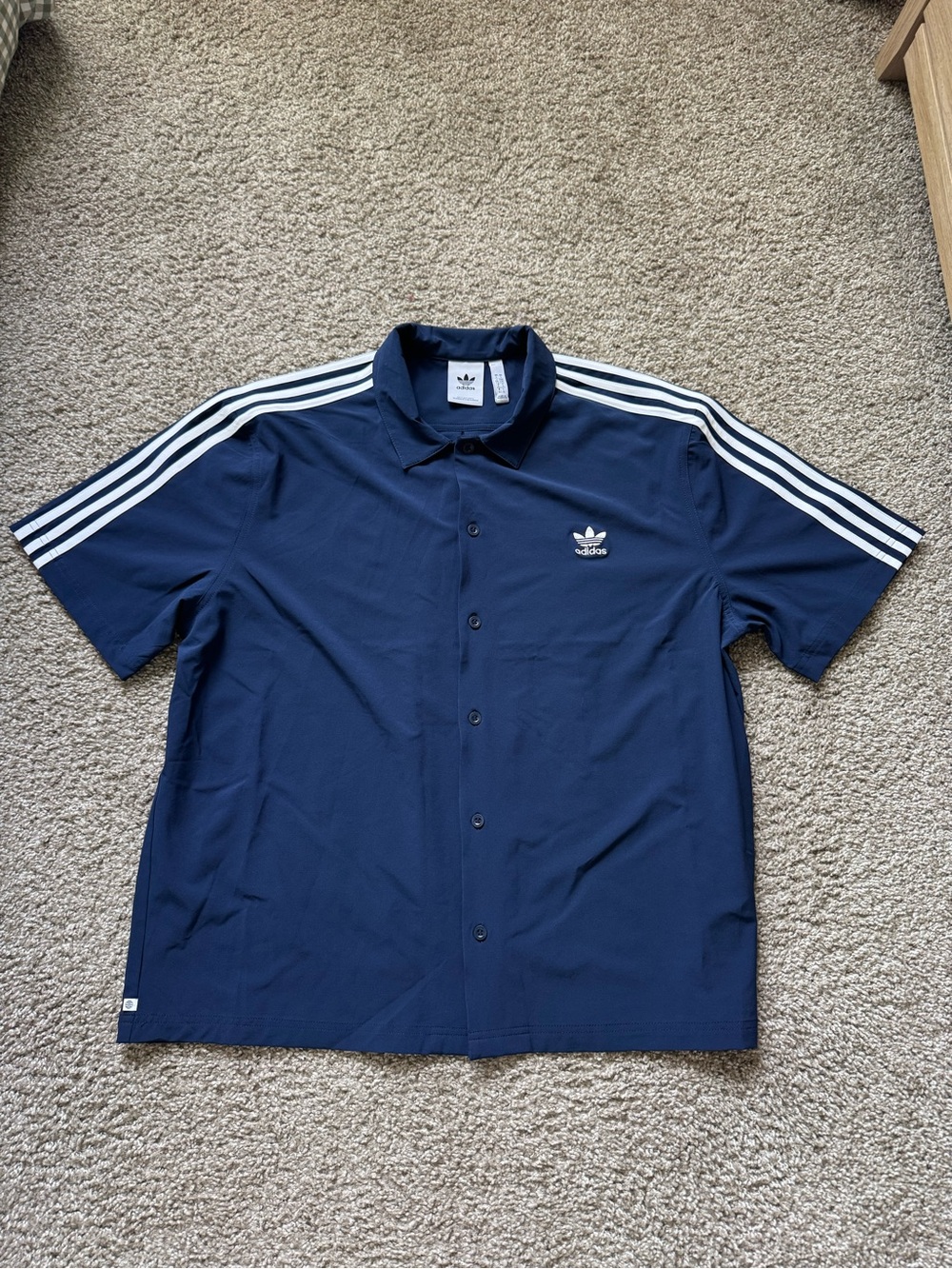 Adidas Men's Button Down Shirt Navy Blue Short Sleeve Three Stripe Casual L